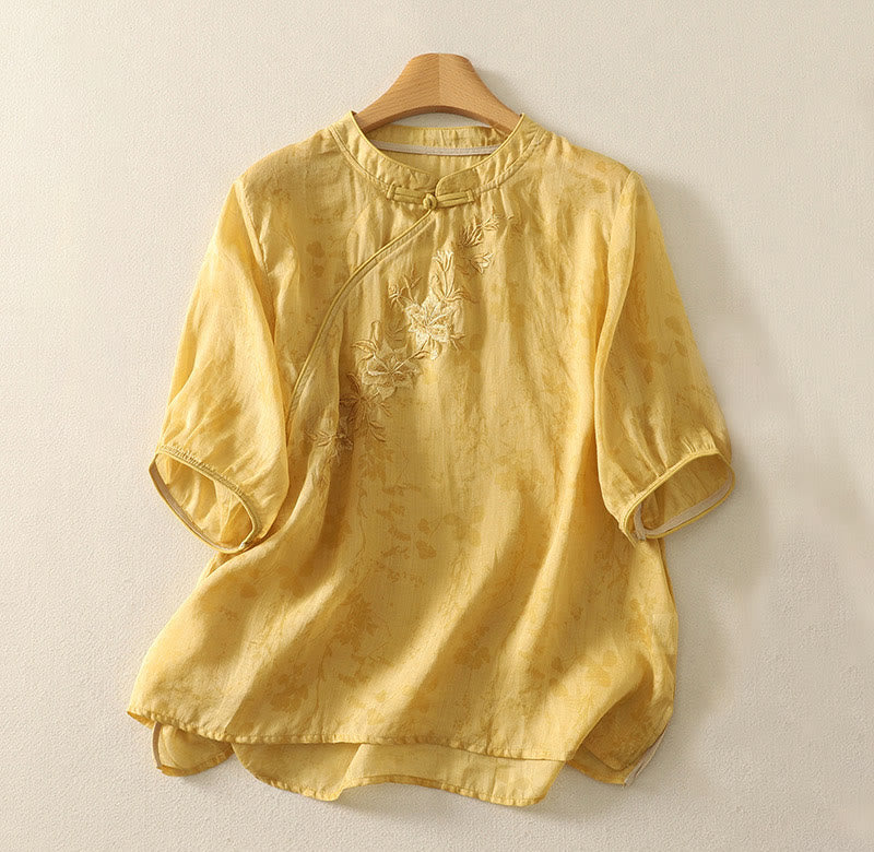 Buddha Stones Embroidery Frog-Button Mandarin Collar Cotton Women's Half Sleeves Shirt - Gold - US14，UK/AU18，EU46 (2XL) - image 6