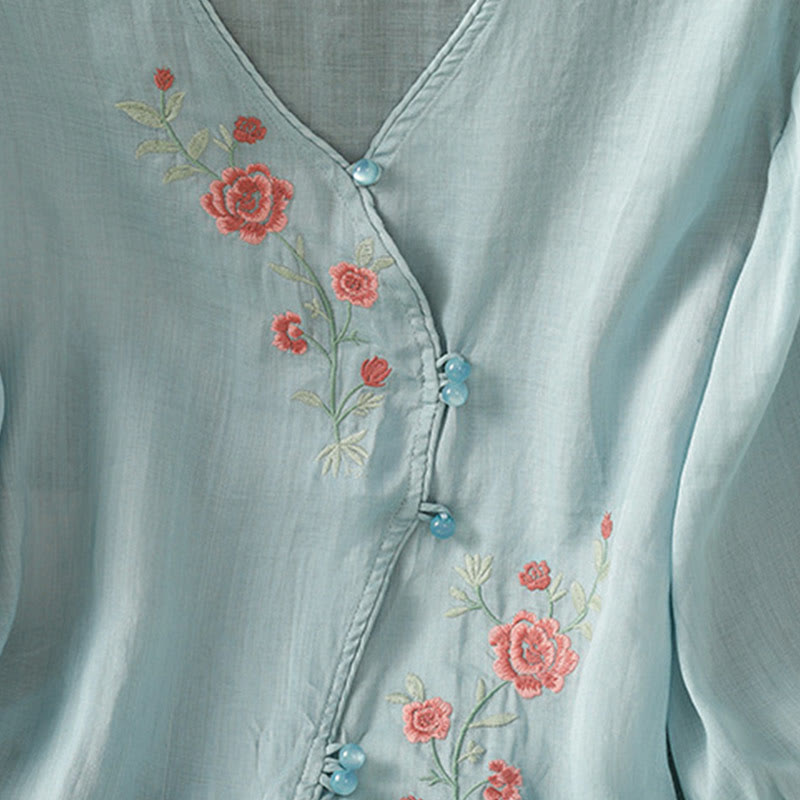 Buddha Stones Embroidered Flowers Cotton Women's V-neck Shirt - image 5