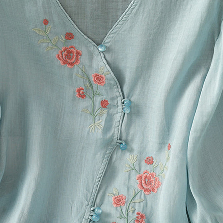 Buddha Stones Embroidered Flowers Cotton Women's V-neck Shirt - image 5