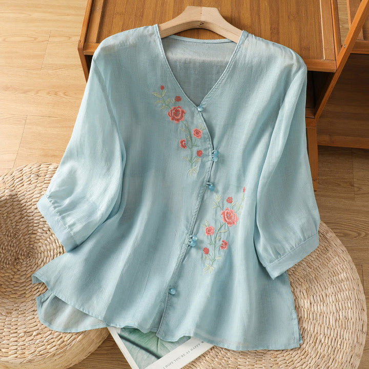 Buddha Stones Embroidered Flowers Women's V-neck Shirt - LightSkyBlue - US12，UK/AU16，EU44 (2XL) - image 3
