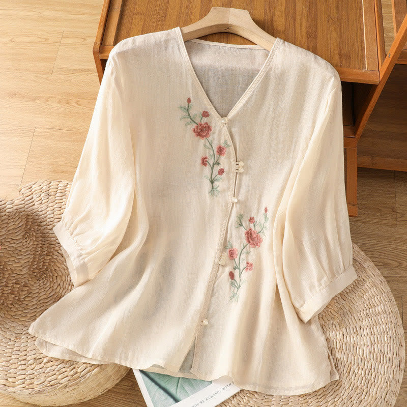 Buddha Stones Embroidered Flowers Women's V-neck Shirt - PapayaWhip - US12，UK/AU16，EU44 (2XL) - image 0