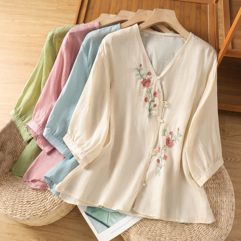 Buddha Stones Embroidered Flowers Women's V-neck Shirt - image 19