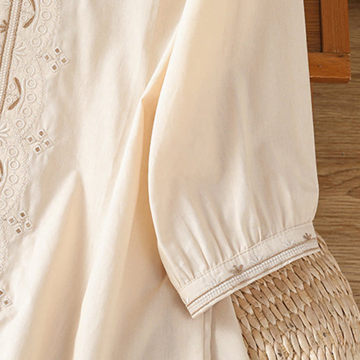 Buddha Stones Symmetrical Embroidery Cotton Women's V-neck Shirt - image 2