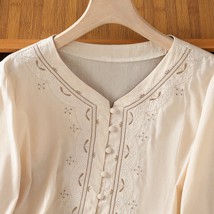 Buddha Stones Symmetrical Embroidery Cotton Women's V-neck Shirt - image 3