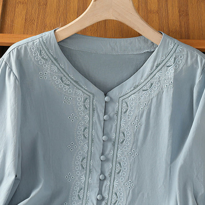 Buddha Stones Symmetrical Embroidery Cotton Women's V-neck Shirt - image 9
