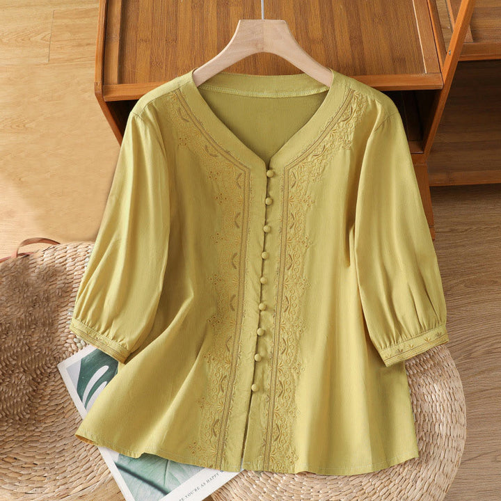 Buddha Stones Symmetrical Embroidery Cotton Women's V-neck Shirt - Khaki - US12，UK/AU16，EU44 (2XL) - image 13