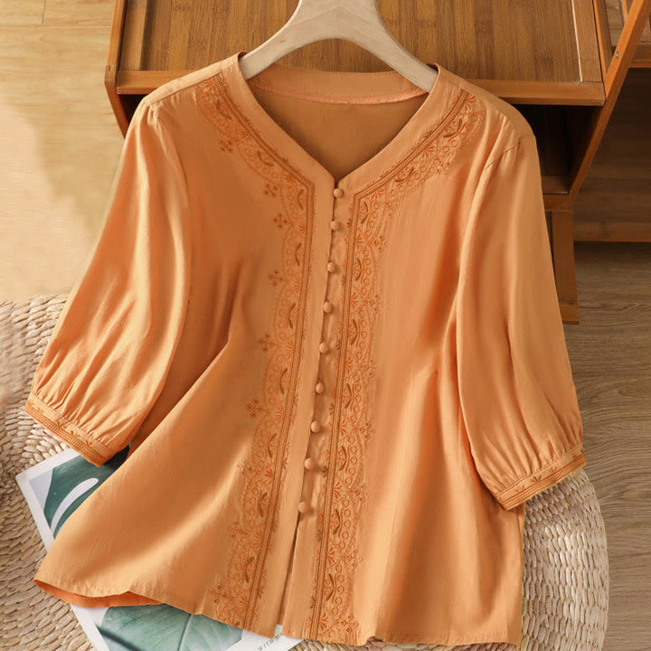 Buddha Stones Symmetrical Embroidery Cotton Women's V-neck Shirt - SandyBrown - US12，UK/AU16，EU44 (2XL) - image 19