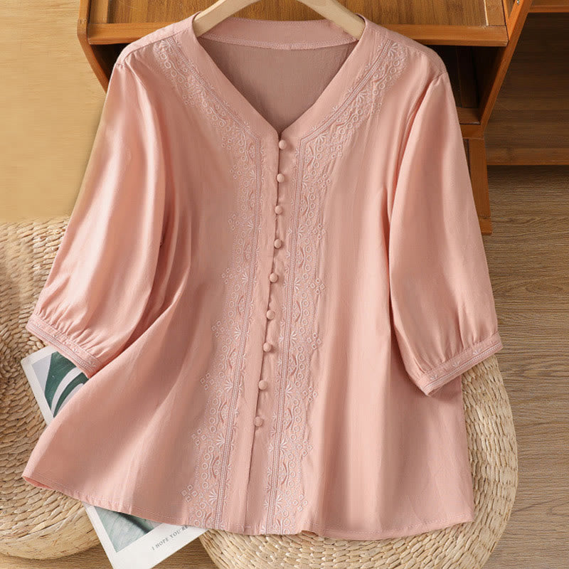 Buddha Stones Symmetrical Embroidery Cotton Women's V-neck Shirt - Pink - US12，UK/AU16，EU44 (2XL) - image 26
