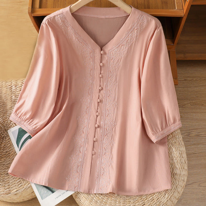 Buddha Stones Symmetrical Embroidery Cotton Women's V-neck Shirt - Pink - US12，UK/AU16，EU44 (2XL) - image 26