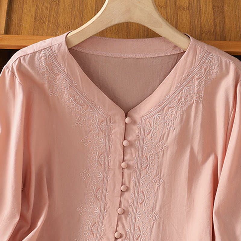 Buddha Stones Symmetrical Embroidery Cotton Women's V-neck Shirt - image 30