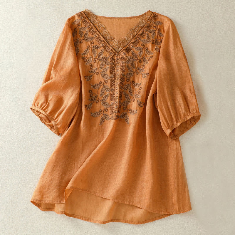 Buddha Stones Embroidered Lace Casual Women's Cotton Linen Half Sleeve T-shirt - Chocolate - US8-10，UK/AU12-14，EU40-42 (2XL) - image 0