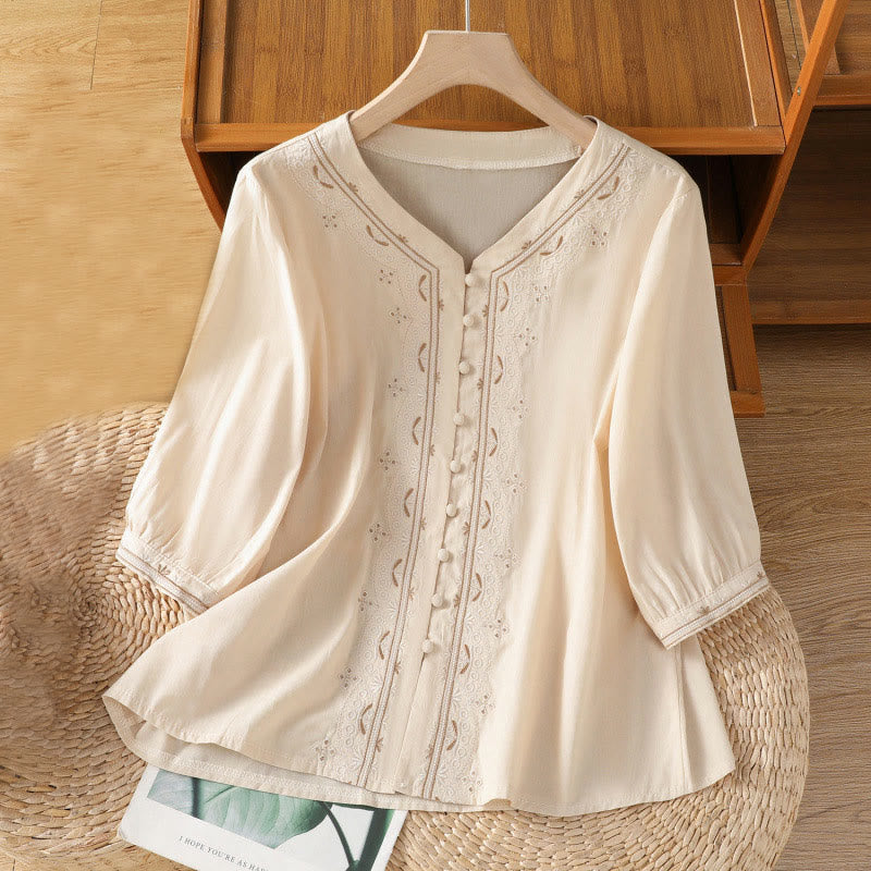 Buddha Stones Symmetrical Embroidery Cotton Women's V-neck Shirt - OldLace - US12，UK/AU16，EU44 (2XL) - image 0