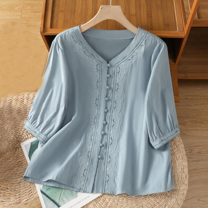 Buddha Stones Symmetrical Embroidery Cotton Women's V-neck Shirt - LightSkyBlue - US12，UK/AU16，EU44 (2XL) - image 5