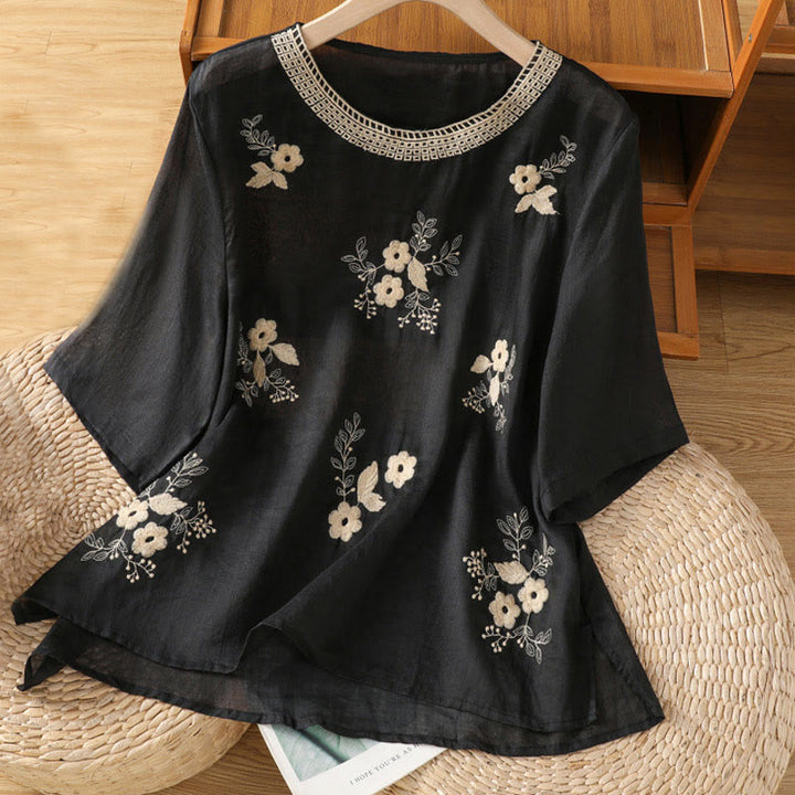 Buddha Stones Embroidery Petal Slit Casual Women's Cotton Linen T-shirt - Black - US8-10，UK/AU12-14，EU40-42 (2XL) - image 0