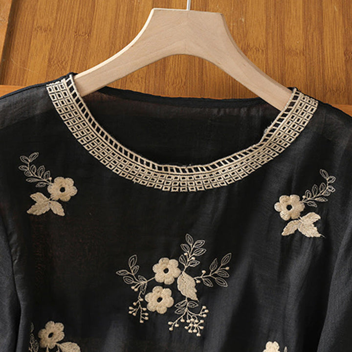 Buddha Stones Embroidery Petal Slit Casual Women's Cotton Linen T-shirt - image 2