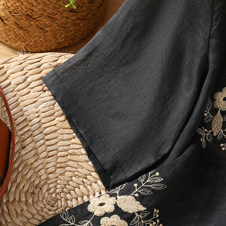 Buddha Stones Embroidery Petal Slit Casual Women's Cotton Linen T-shirt - image 5