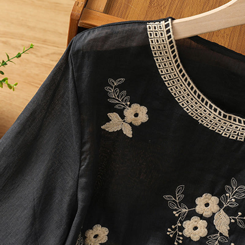 Buddha Stones Embroidery Petal Slit Casual Women's Cotton Linen T-shirt - image 7