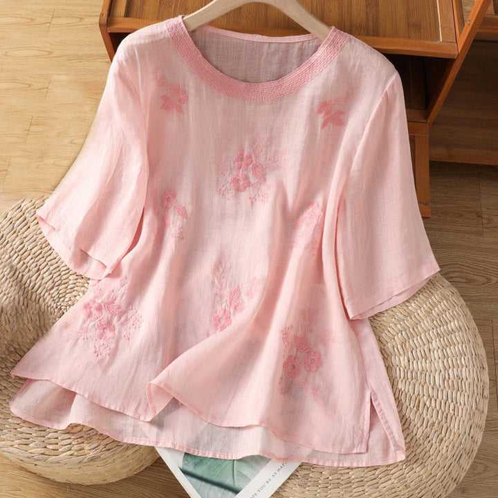 Buddha Stones Embroidery Petal Slit Casual Women's Cotton Linen T-shirt - Pink - US8-10，UK/AU12-14，EU40-42 (2XL) - image 8