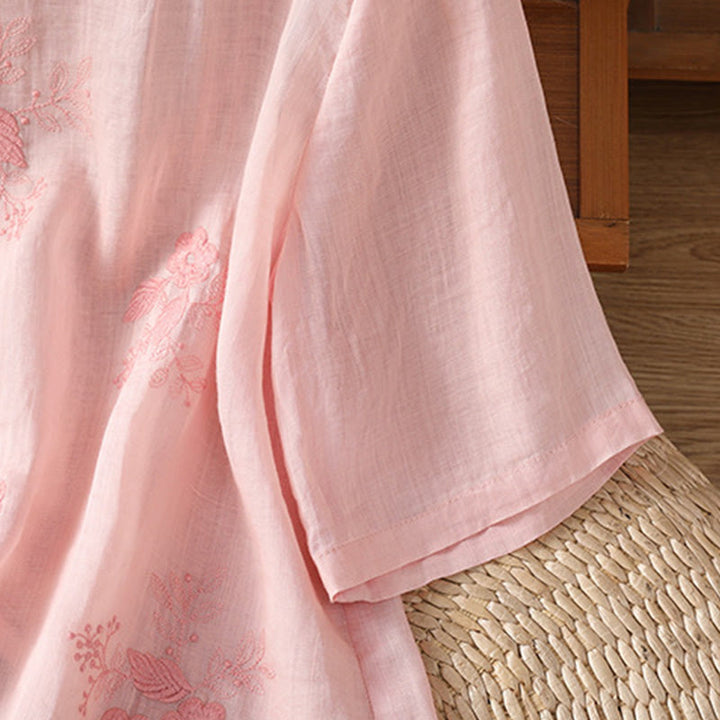 Buddha Stones Embroidery Petal Slit Casual Women's Cotton Linen T-shirt - image 14