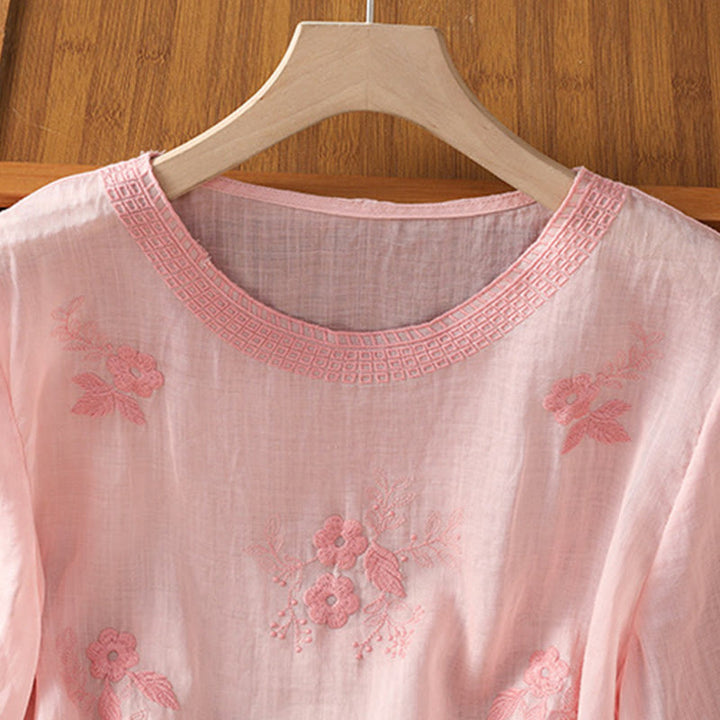 Buddha Stones Embroidery Petal Slit Casual Women's Cotton Linen T-shirt - image 12