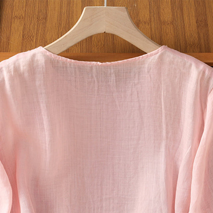 Buddha Stones Embroidery Petal Slit Casual Women's Cotton Linen T-shirt - image 13
