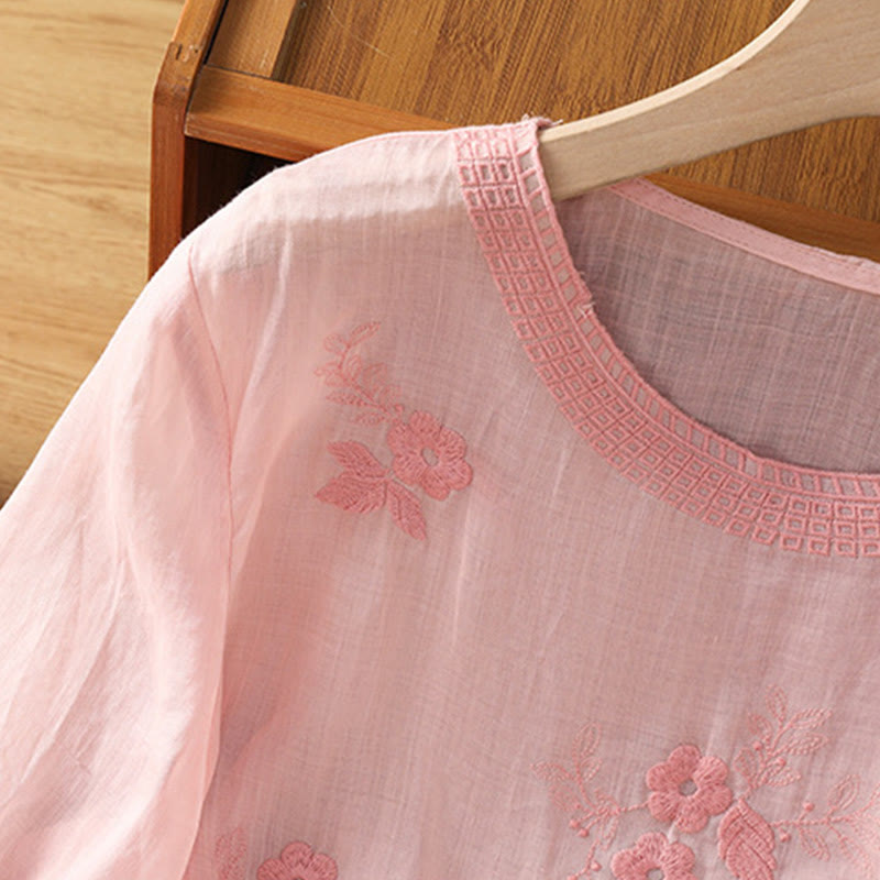 Buddha Stones Embroidery Petal Slit Casual Women's Cotton Linen T-shirt - image 10