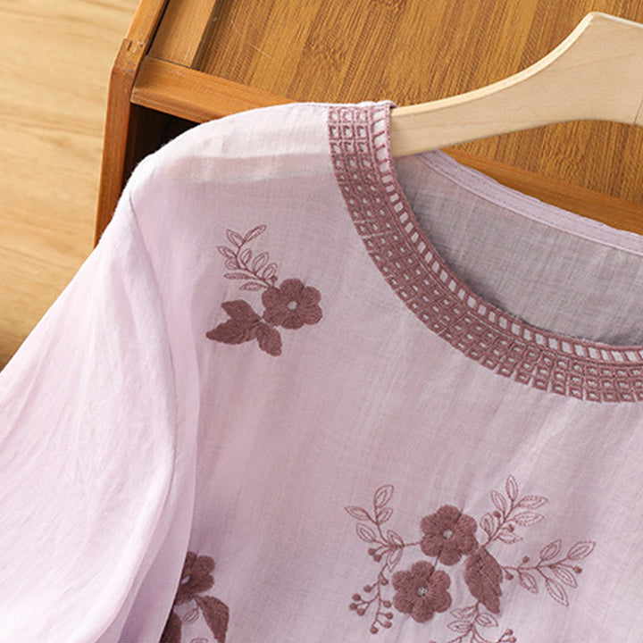 Buddha Stones Embroidery Petal Slit Casual Women's Cotton Linen T-shirt - image 19