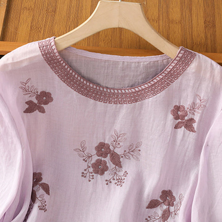 Buddha Stones Embroidery Petal Slit Casual Women's Cotton Linen T-shirt - image 20