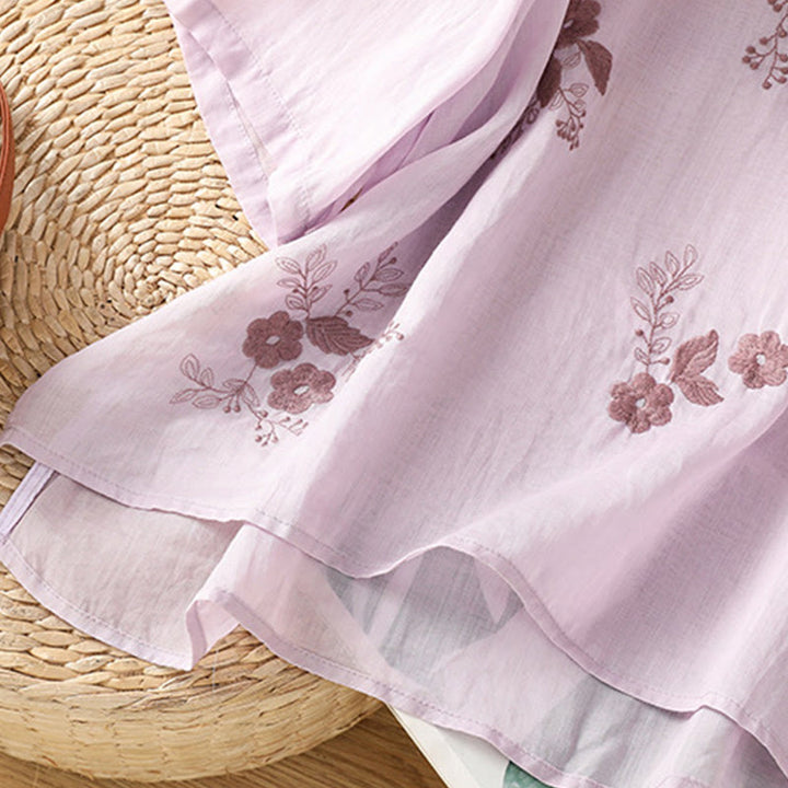 Buddha Stones Embroidery Petal Slit Casual Women's Cotton Linen T-shirt - image 21