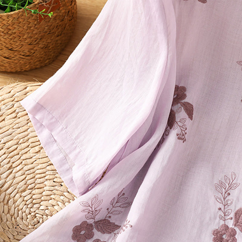 Buddha Stones Embroidery Petal Slit Casual Women's Cotton Linen T-shirt - image 22