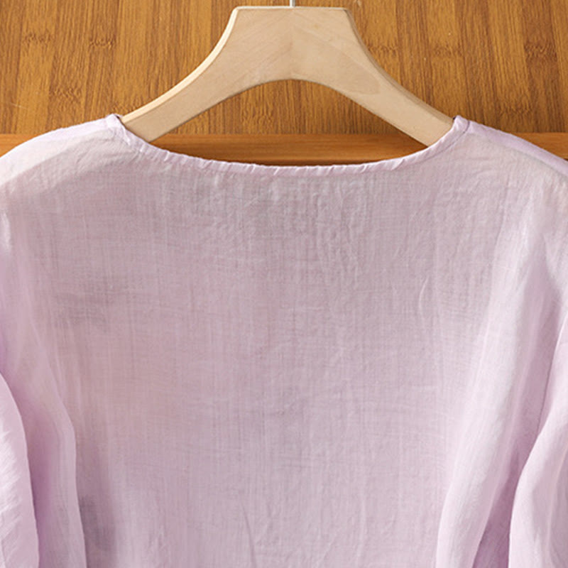 Buddha Stones Embroidery Petal Slit Casual Women's Cotton Linen T-shirt - image 18