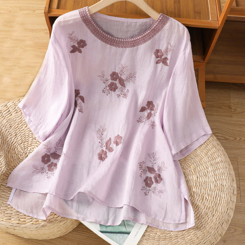 Buddha Stones Embroidery Petal Slit Casual Women's Cotton Linen T-shirt - Thistle - US8-10，UK/AU12-14，EU40-42 (2XL) - image 16