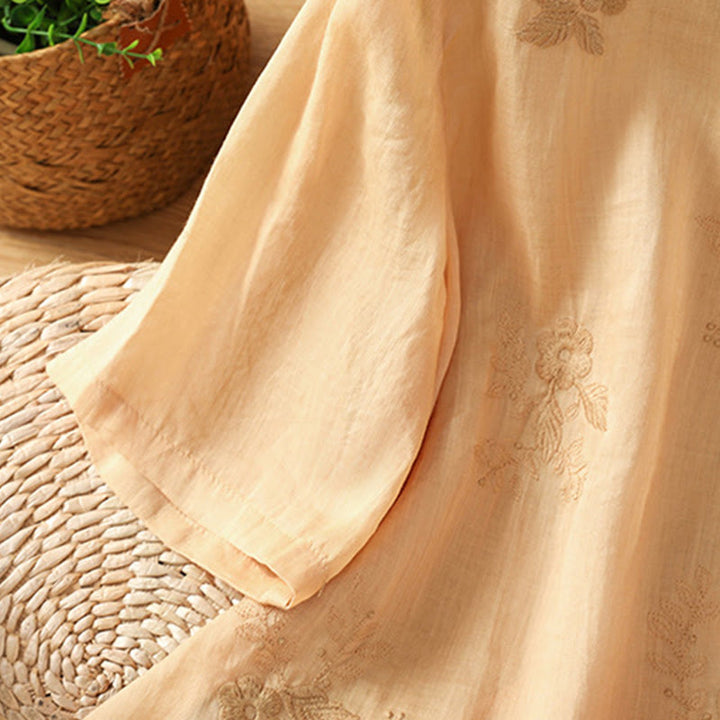 Buddha Stones Embroidery Petal Slit Casual Women's Cotton Linen T-shirt - image 28