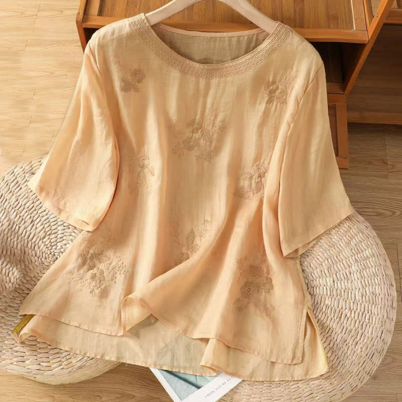 Buddha Stones Embroidery Petal Slit Casual Women's Cotton Linen T-shirt - NavajoWhite - US8-10，UK/AU12-14，EU40-42 (2XL) - image 23