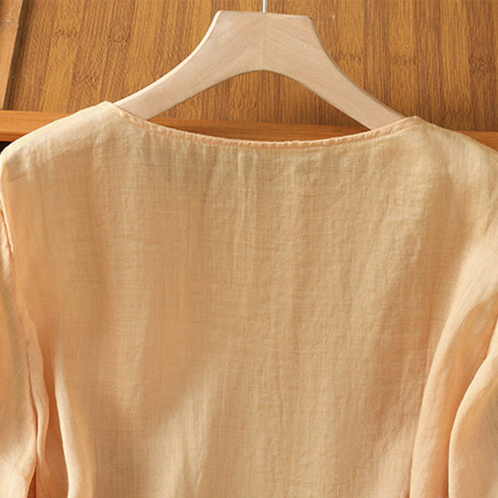 Buddha Stones Embroidery Petal Slit Casual Women's Cotton Linen T-shirt - image 26