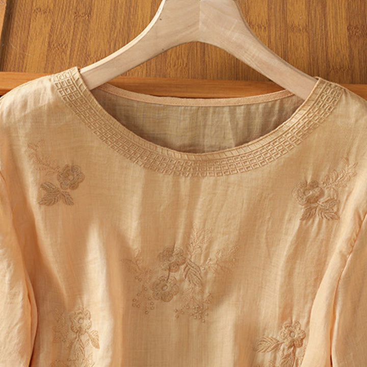 Buddha Stones Embroidery Petal Slit Casual Women's Cotton Linen T-shirt - image 25