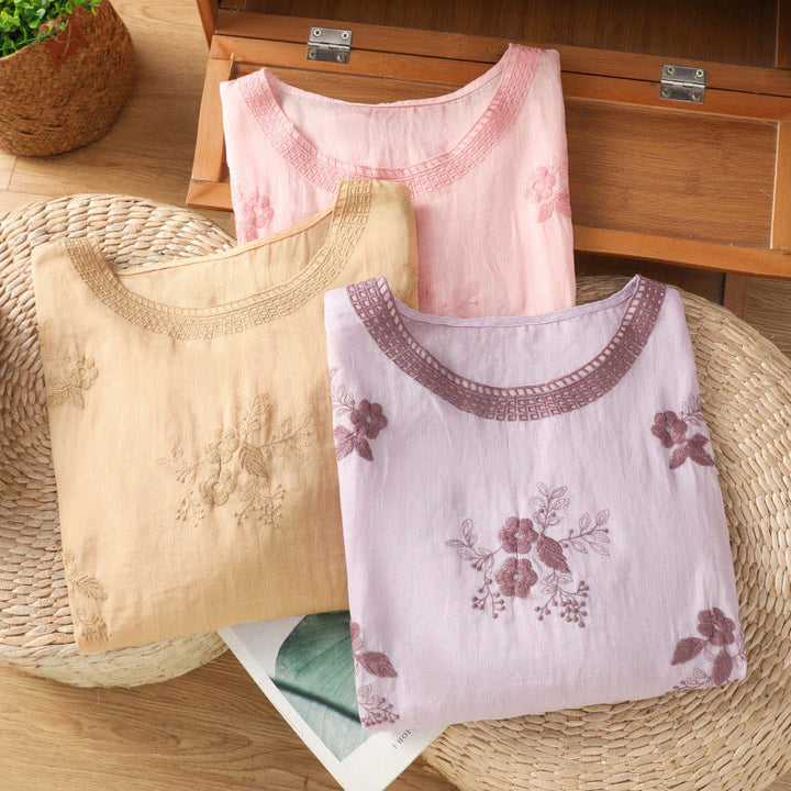 Buddha Stones Embroidery Petal Slit Casual Women's Cotton Linen T-shirt - image 30