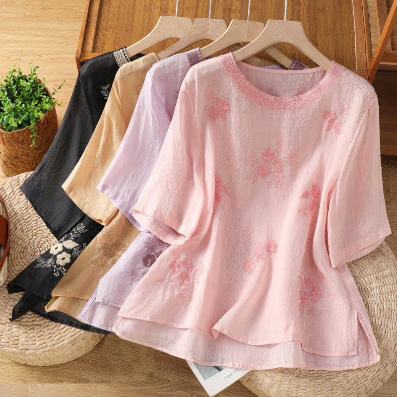 Buddha Stones Embroidery Petal Slit Casual Women's Cotton Linen T-shirt - image 29