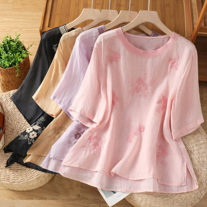 Buddha Stones Embroidery Petal Slit Casual Women's Cotton Linen T-shirt - image 29