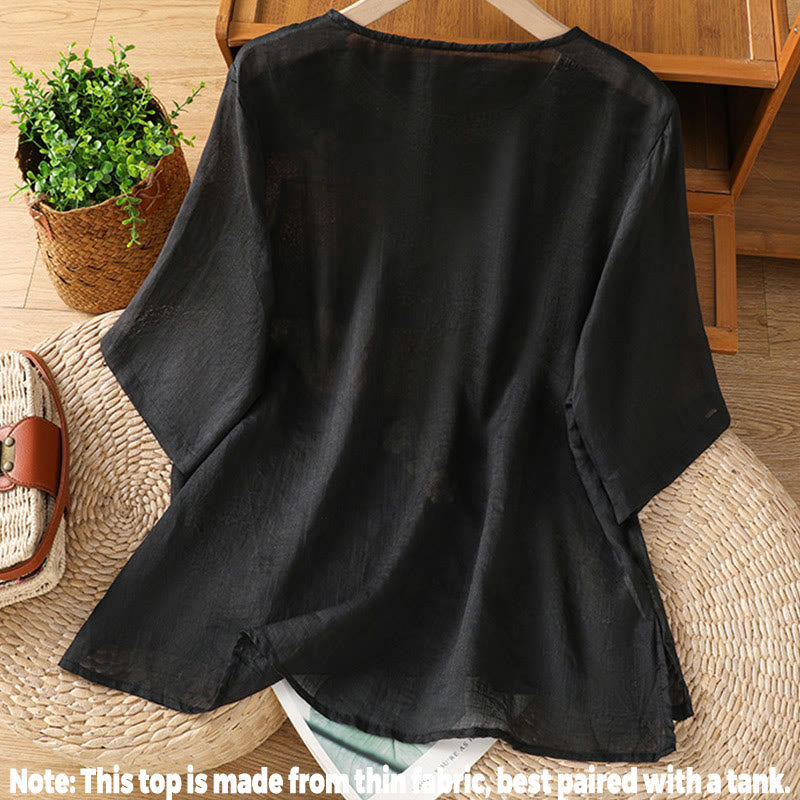 Buddha Stones Embroidery Petal Slit Casual Women's Cotton Linen T-shirt - image 1