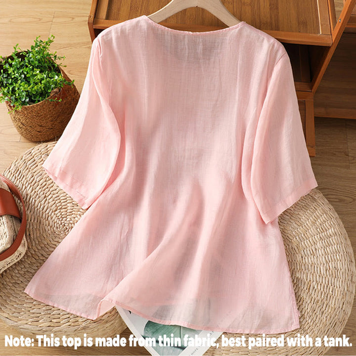 Buddha Stones Embroidery Petal Slit Casual Women's Cotton Linen T-shirt - image 9
