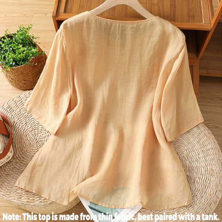Buddha Stones Embroidery Petal Slit Casual Women's Cotton Linen T-shirt - image 24