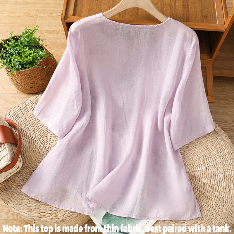 Buddha Stones Embroidery Petal Slit Casual Women's Cotton Linen T-shirt - image 17