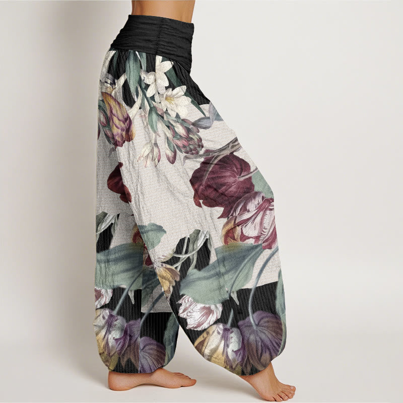 Buddha Stones Pure Cotton Tulips Green Leaves Design Women's Elastic Waist Harem Pants - image 2