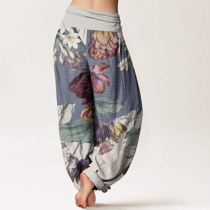 Buddha Stones Pure Cotton Tulips Green Leaves Design Women's Elastic Waist Harem Pants - image 7