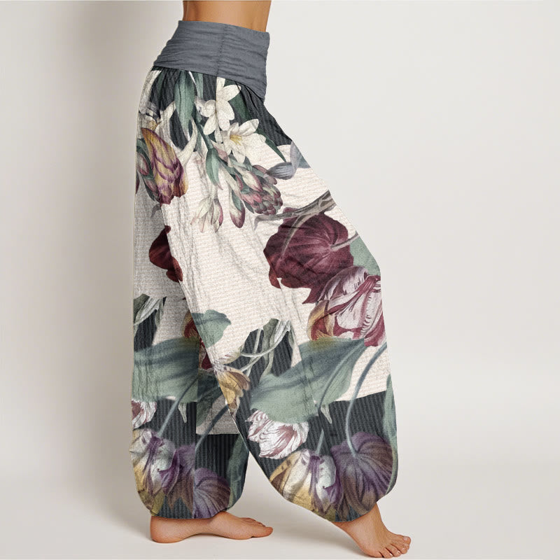 Buddha Stones Pure Cotton Tulips Green Leaves Design Women's Elastic Waist Harem Pants - image 11