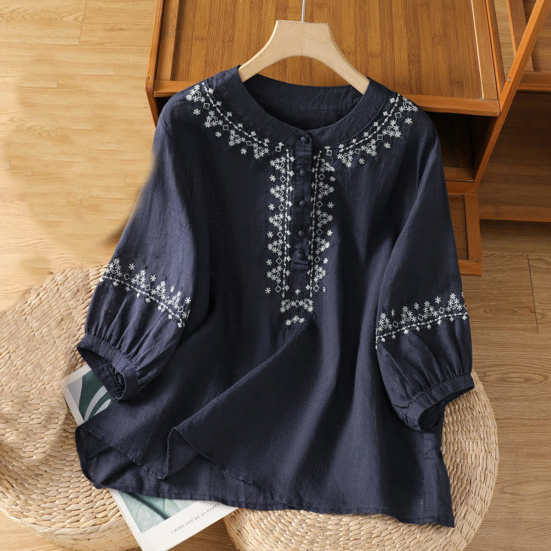 Buddha Stones Symmetrical Embroidery Cotton Women's Crew Neck Shirt - MidnightBlue - US14，UK/AU18，EU46 (2XL) - image 0