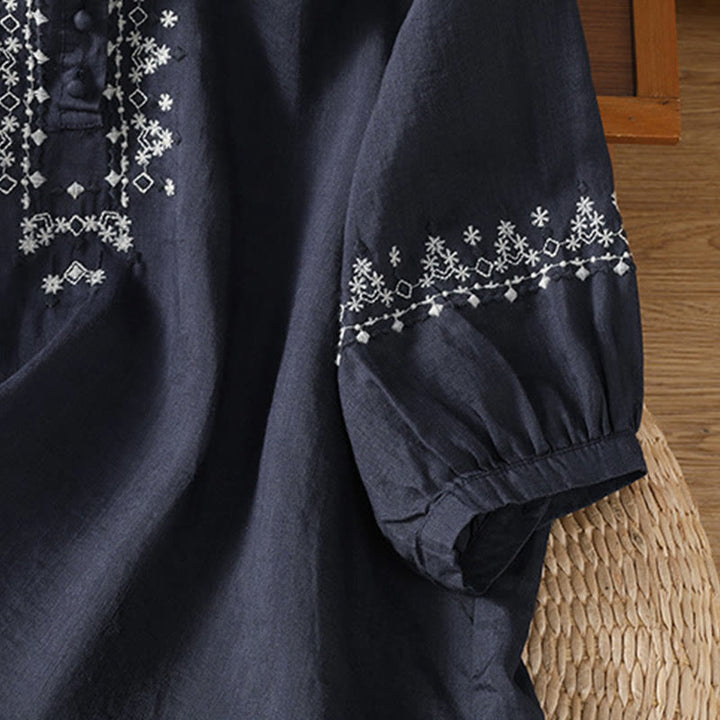 Buddha Stones Symmetrical Embroidery Cotton Women's Crew Neck Shirt - image 2