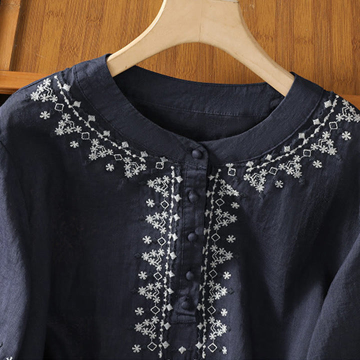 Buddha Stones Symmetrical Embroidery Cotton Women's Crew Neck Shirt - image 3