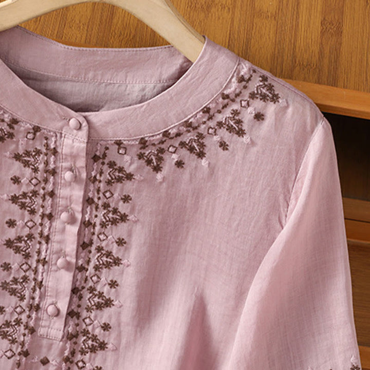 Buddha Stones Symmetrical Embroidery Cotton Women's Crew Neck Shirt - image 14